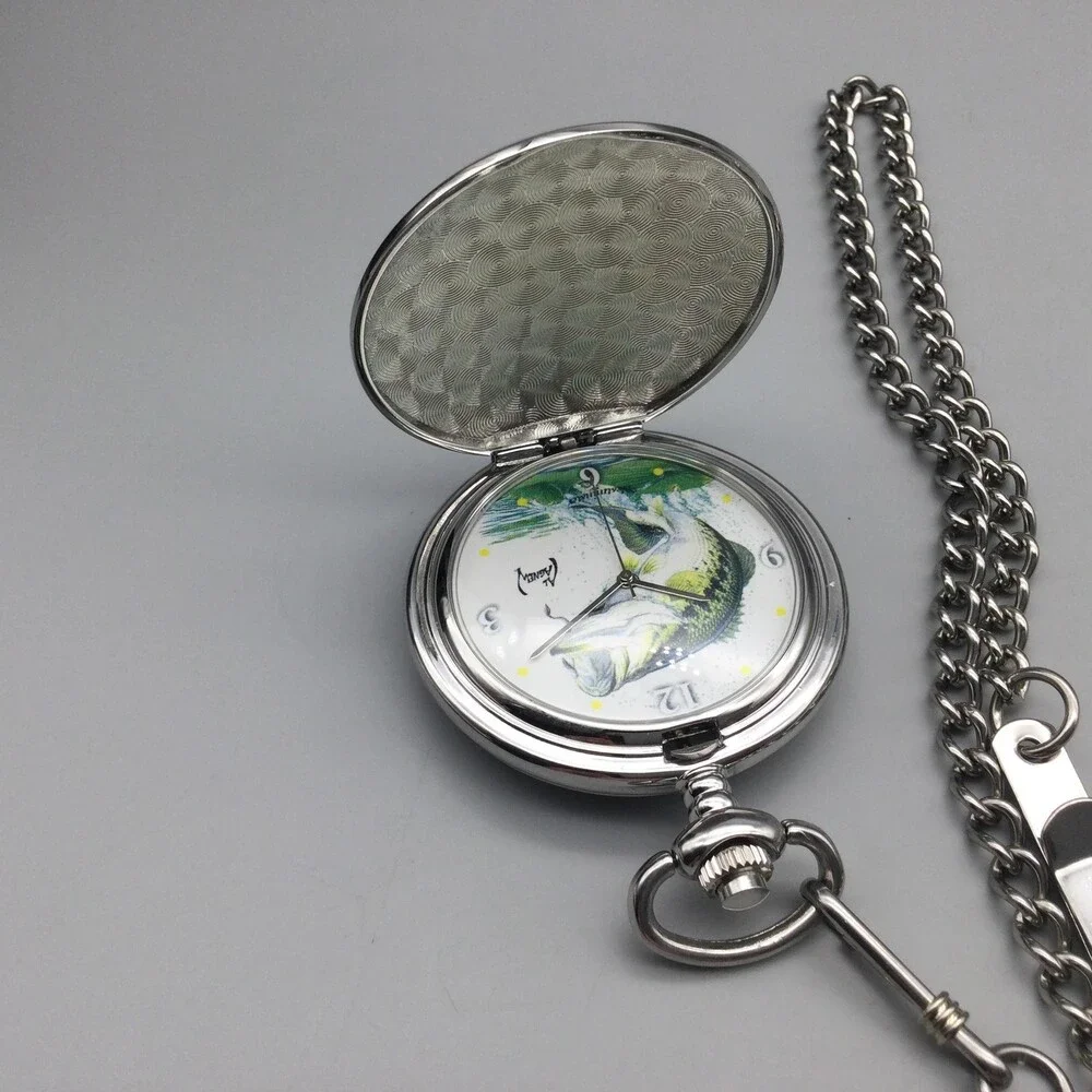Al Agnew Bass Fish Pocket Watch Men 45mm Silver Tone Full Hunter New Battery